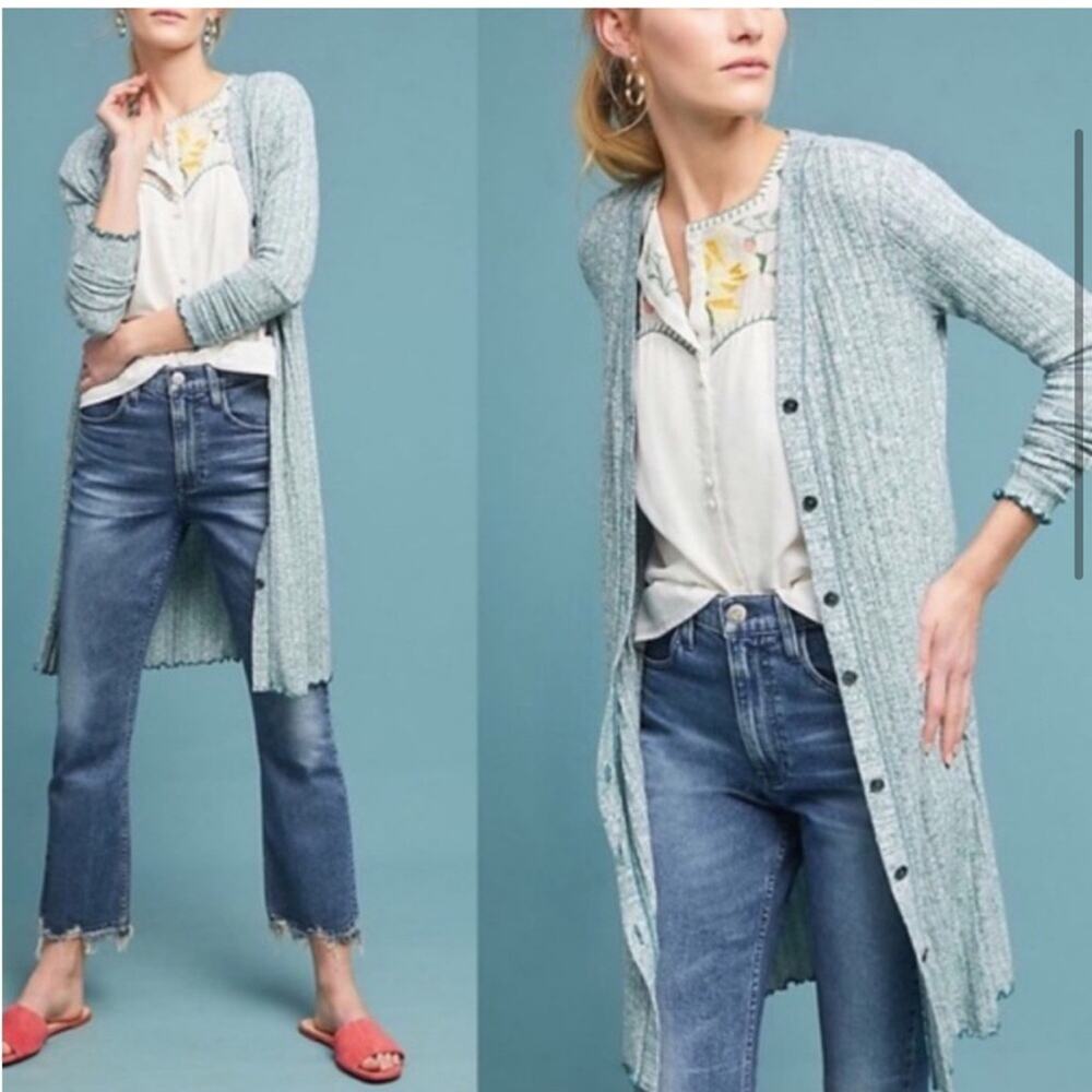 Anthropologie Akemi + Kin green white long v neck button front cardigan